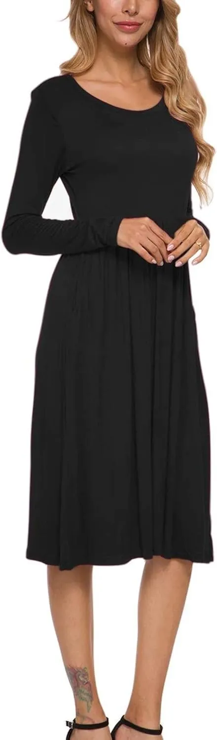 MISFAY Women's Long Sleeve Midi Dress Loose Casual Empire Waist Dresses with Pockets