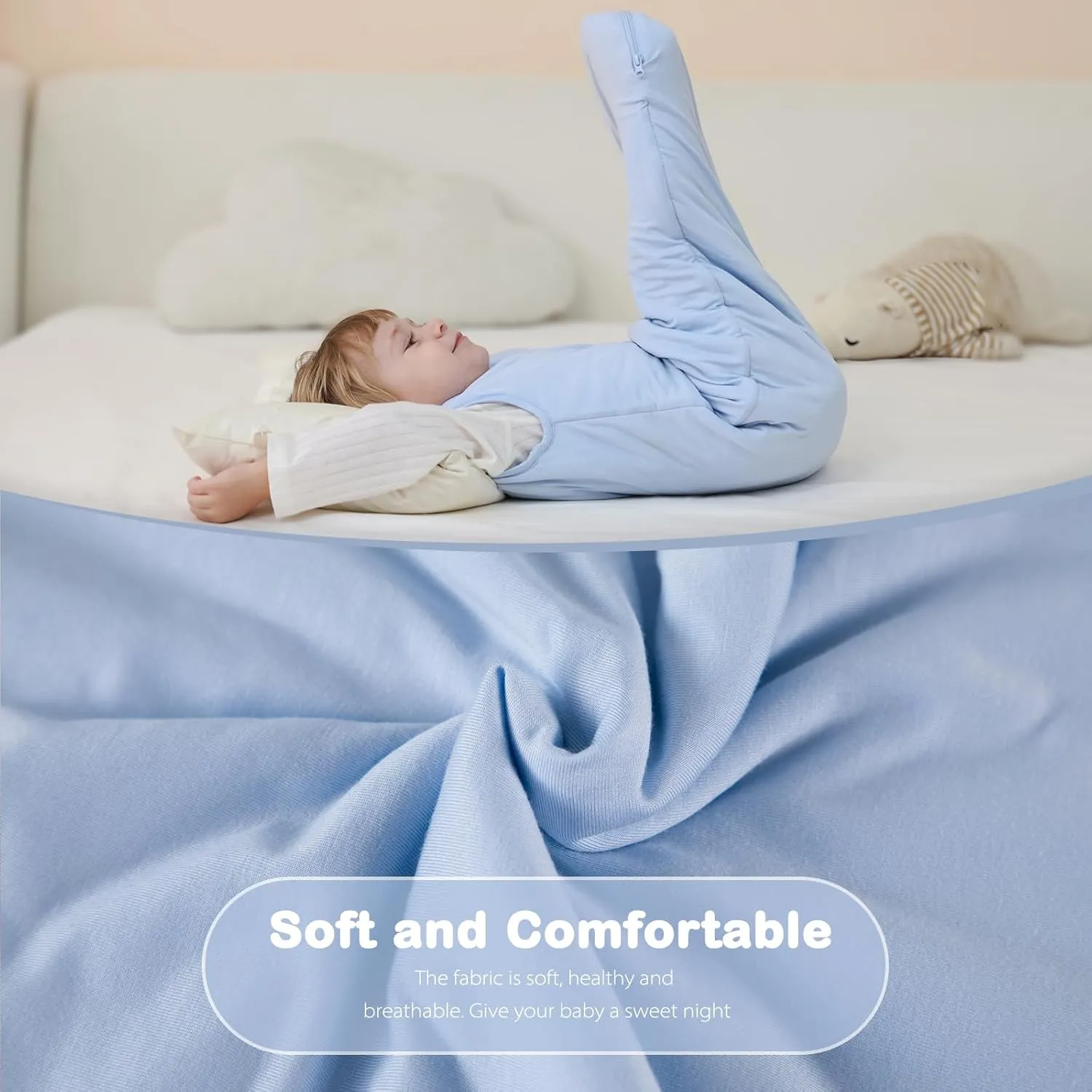 Mosebears Unisex Baby Sleep Sack 1.0 TOG, Supersoft Rayon Made from Bamboo Wearable Blanket with 2-Way Zipper (Fog Blue,6-18 Months)
