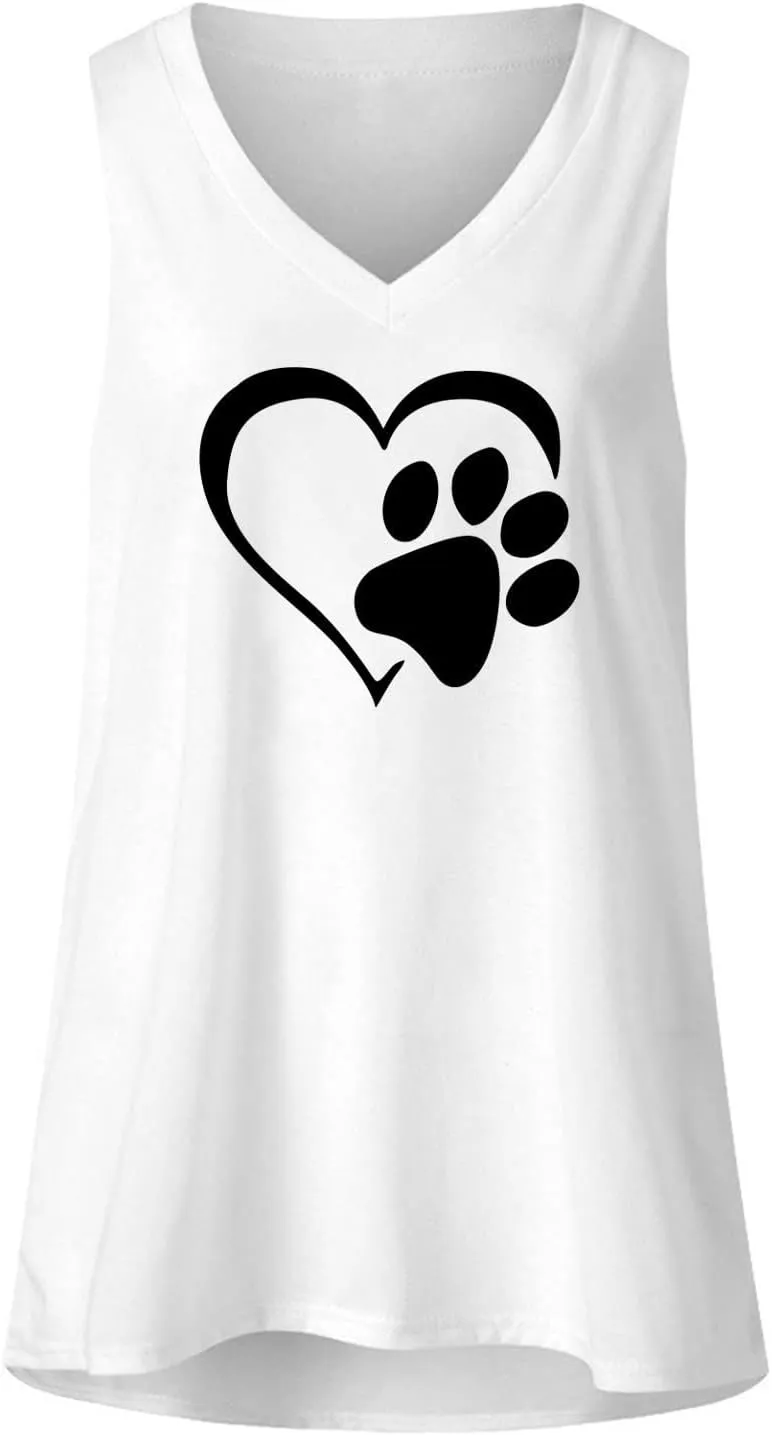 Mzkdieey Women's Dog Paw Love Heart Tank Tops Dog Lover Shirts Cute Dog Mom Tops Summer Casual Sleeveless V Neck T-Shirt