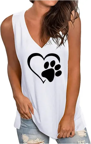 Mzkdieey Women's Dog Paw Love Heart Tank Tops Dog Lover Shirts Cute Dog Mom Tops Summer Casual Sleeveless V Neck T-Shirt