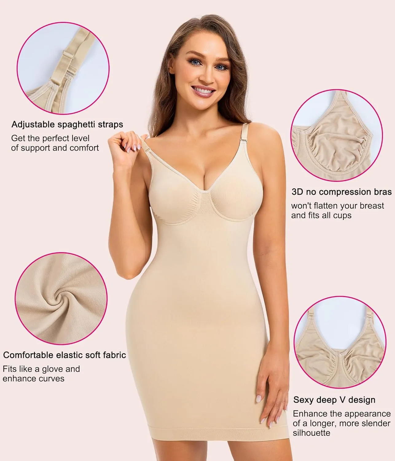 Nebility Women Shapewear Dress Full Slip Tummy Control Body Shaper V Neck Adjustable Spaghetti Strap