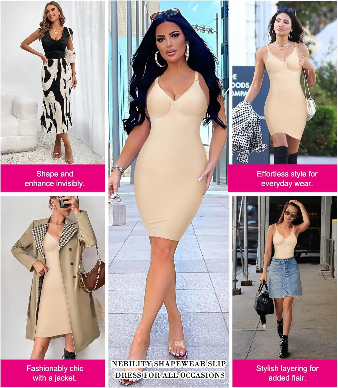 Nebility Women Shapewear Dress Full Slip Tummy Control Body Shaper V Neck Adjustable Spaghetti Strap