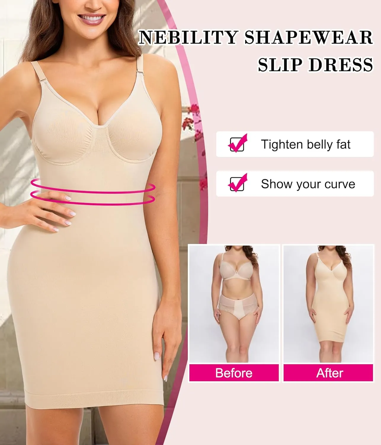 Nebility Women Shapewear Dress Full Slip Tummy Control Body Shaper V Neck Adjustable Spaghetti Strap