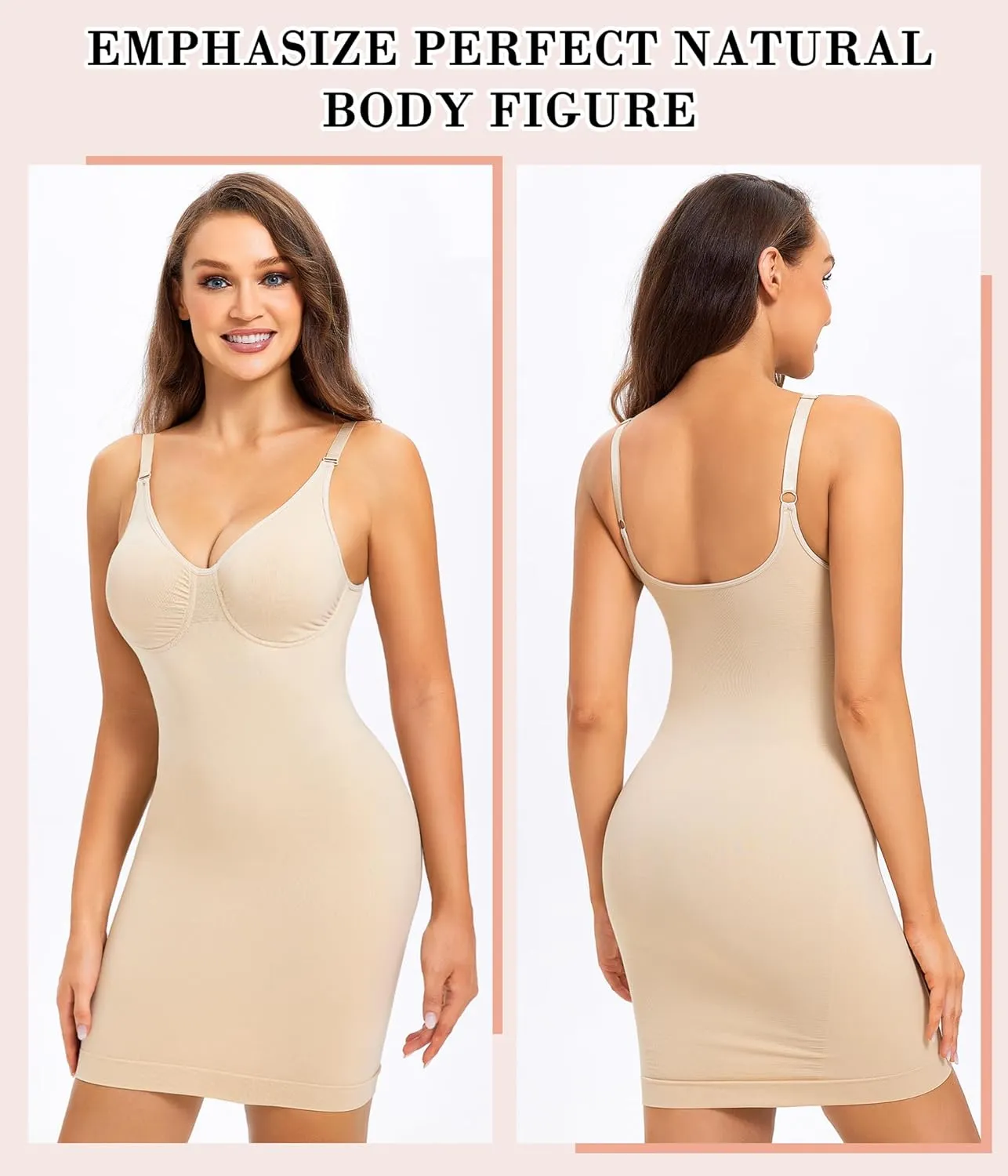 Nebility Women Shapewear Dress Full Slip Tummy Control Body Shaper V Neck Adjustable Spaghetti Strap