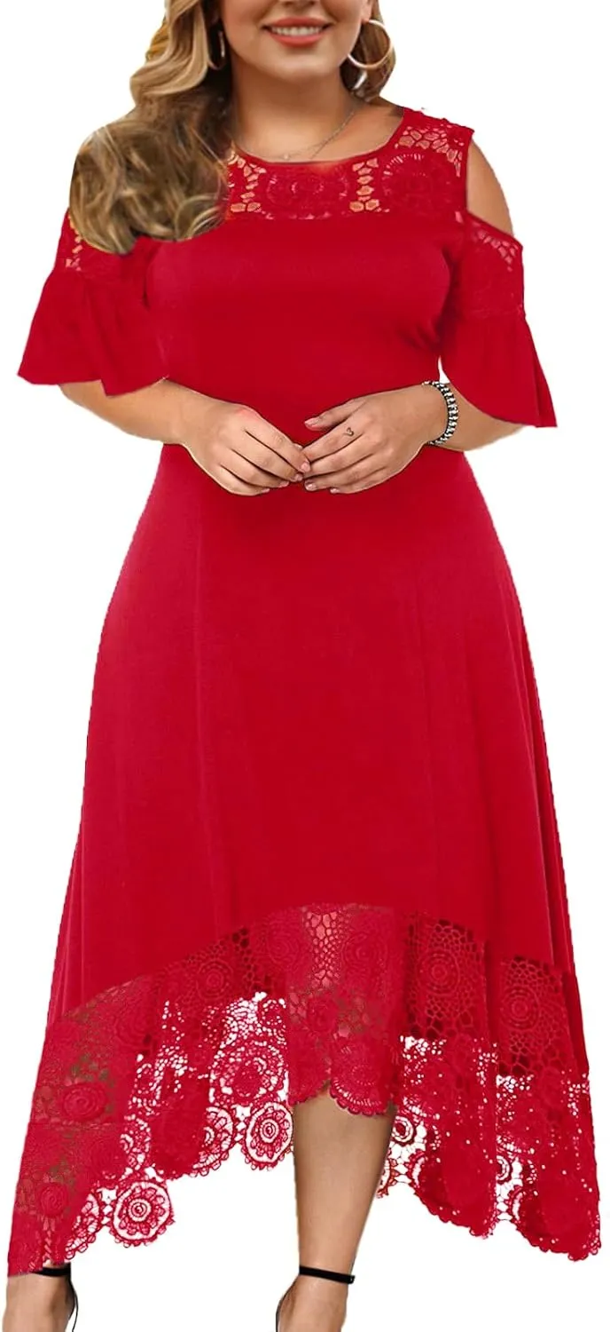 ODIZLI Women's Plus Size Short Sleeve Off-Shoulder Floral Lace Irregular Hemline Ruffle Midi Dress Party Dress