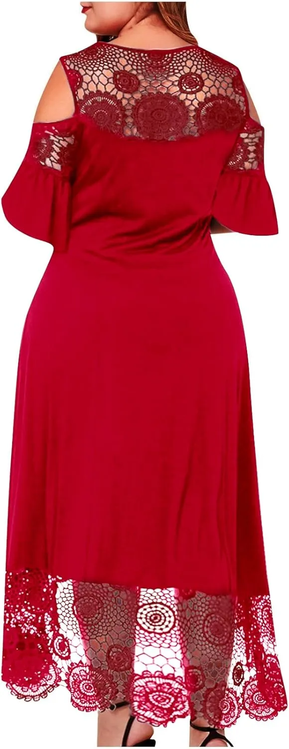 ODIZLI Women's Plus Size Short Sleeve Off-Shoulder Floral Lace Irregular Hemline Ruffle Midi Dress Party Dress