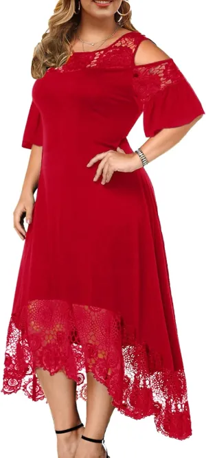 ODIZLI Women's Plus Size Short Sleeve Off-Shoulder Floral Lace Irregular Hemline Ruffle Midi Dress Party Dress