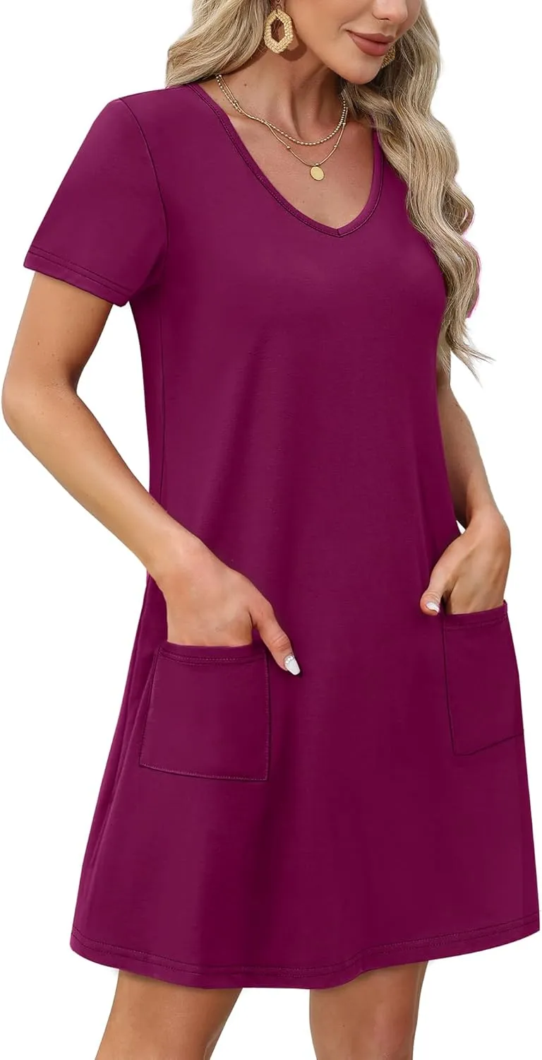 OFEEFAN Summer Dresses for Women 2025 Loose V Neck Short Sleeve Casual T Shirt Dress Sundresses Swimsuit Coverup with Pockets
