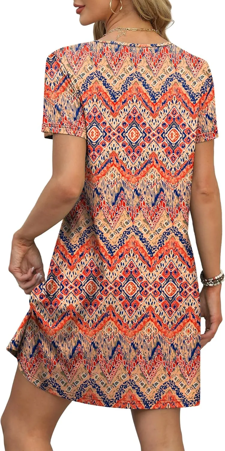 OFEEFAN Summer Dresses for Women 2025 Loose V Neck Short Sleeve Casual T Shirt Dress Sundresses Swimsuit Coverup with Pockets