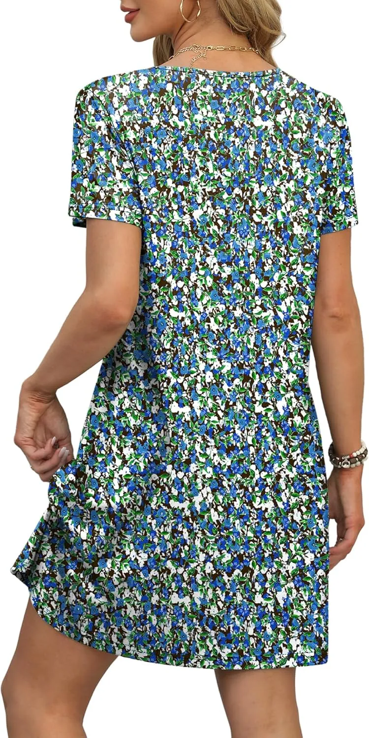 OFEEFAN Summer Dresses for Women 2025 Loose V Neck Short Sleeve Casual T Shirt Dress Sundresses Swimsuit Coverup with Pockets