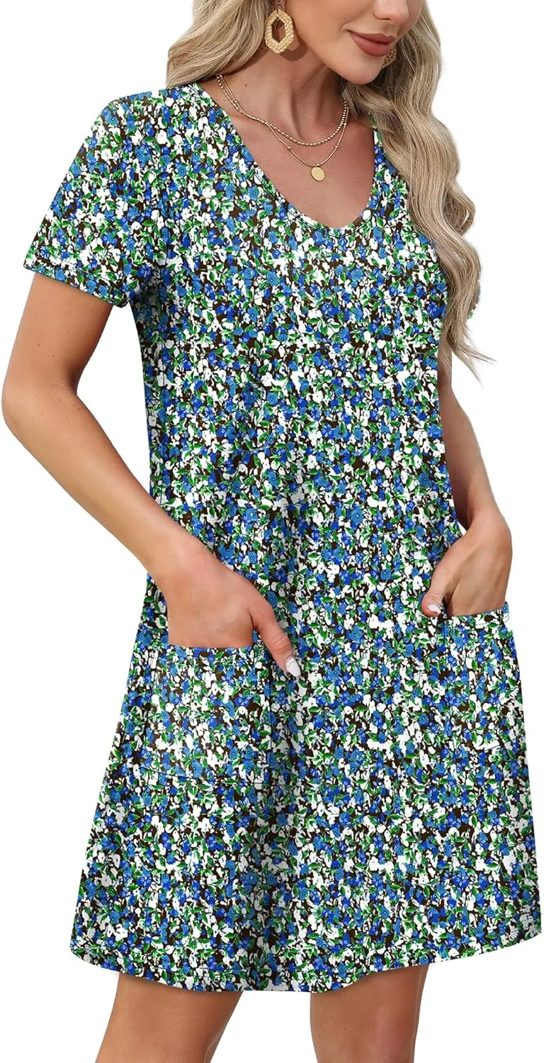 OFEEFAN Summer Dresses for Women 2025 Loose V Neck Short Sleeve Casual T Shirt Dress Sundresses Swimsuit Coverup with Pockets