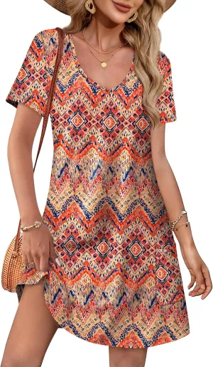 OFEEFAN Summer Dresses for Women 2025 Loose V Neck Short Sleeve Casual T Shirt Dress Sundresses Swimsuit Coverup with Pockets