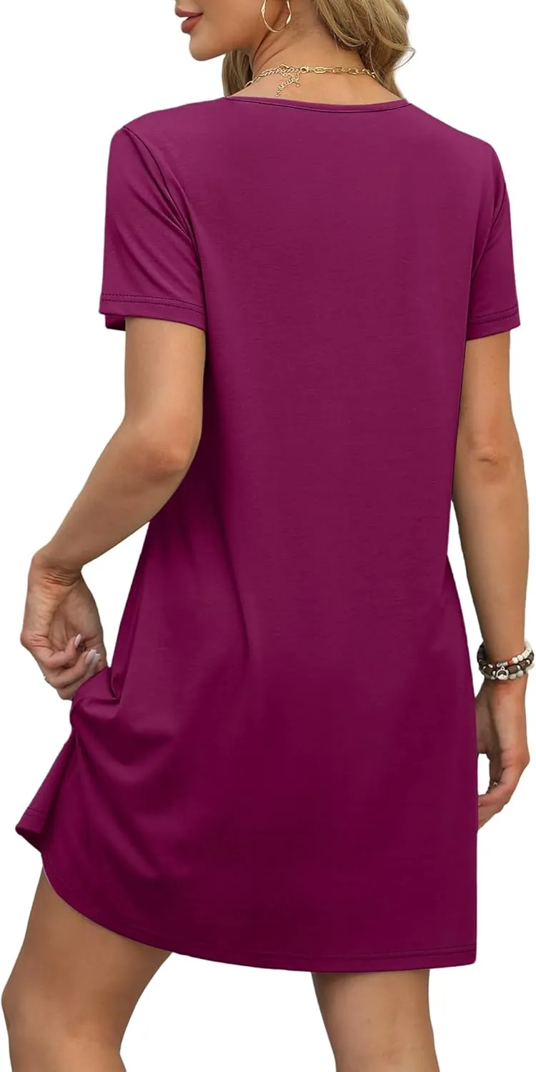 OFEEFAN Summer Dresses for Women 2025 Loose V Neck Short Sleeve Casual T Shirt Dress Sundresses Swimsuit Coverup with Pockets