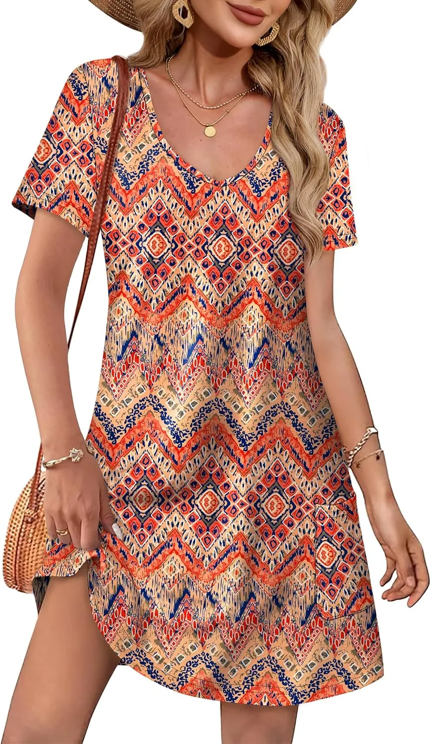 OFEEFAN Summer Dresses for Women 2025 Loose V Neck Short Sleeve Casual T Shirt Dress Sundresses Swimsuit Coverup with Pockets