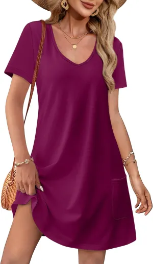 OFEEFAN Summer Dresses for Women 2025 Loose V Neck Short Sleeve Casual T Shirt Dress Sundresses Swimsuit Coverup with Pockets