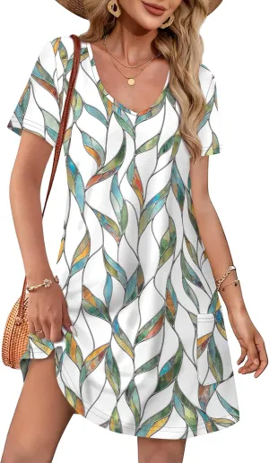 OFEEFAN Summer Dresses for Women 2025 Loose V Neck Short Sleeve Casual T Shirt Dress Sundresses Swimsuit Coverup with Pockets