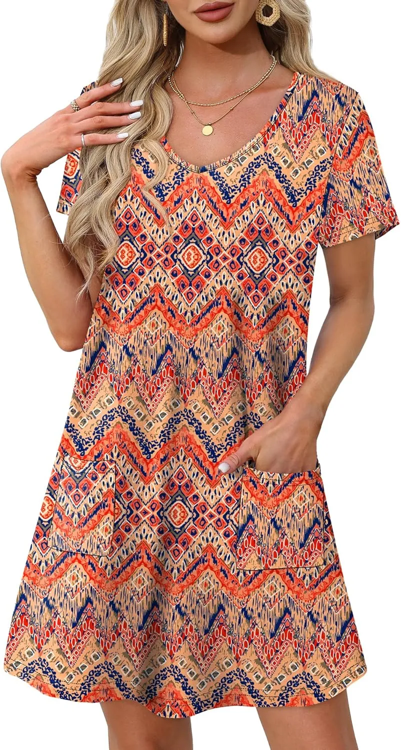 OFEEFAN Summer Dresses for Women 2025 Loose V Neck Short Sleeve Casual T Shirt Dress Sundresses Swimsuit Coverup with Pockets