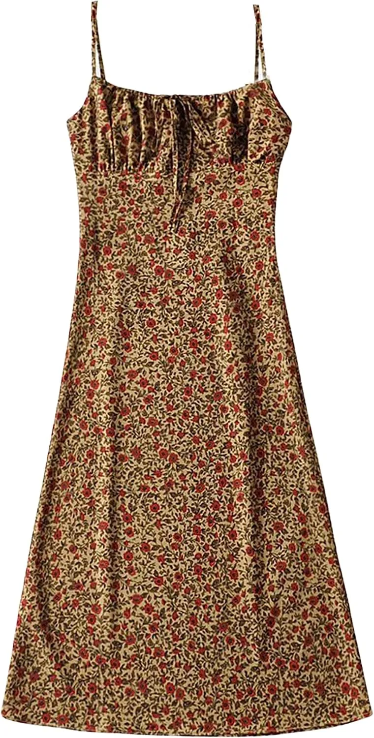 Omoone Womens Floral Dress Low-Cut Square Neck Spaghetti Strap Tie Bodycorn 90s Y2k Sun Dresses