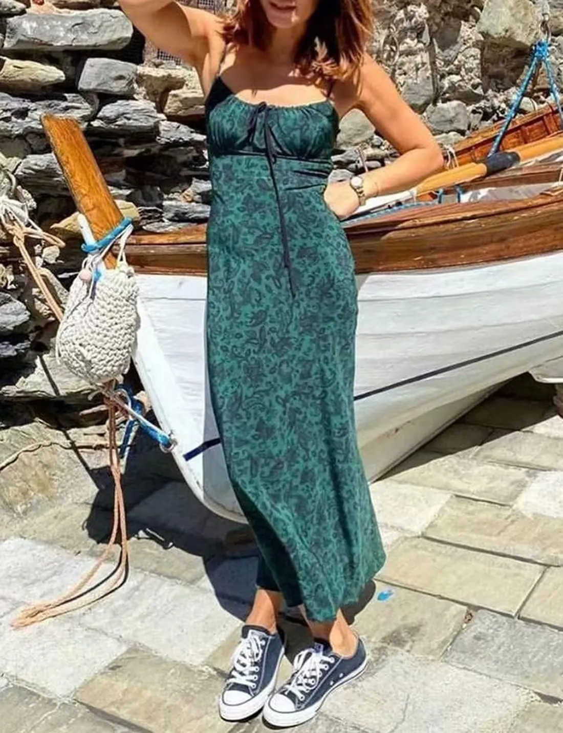 Omoone Womens Floral Dress Low-Cut Square Neck Spaghetti Strap Tie Bodycorn 90s Y2k Sun Dresses
