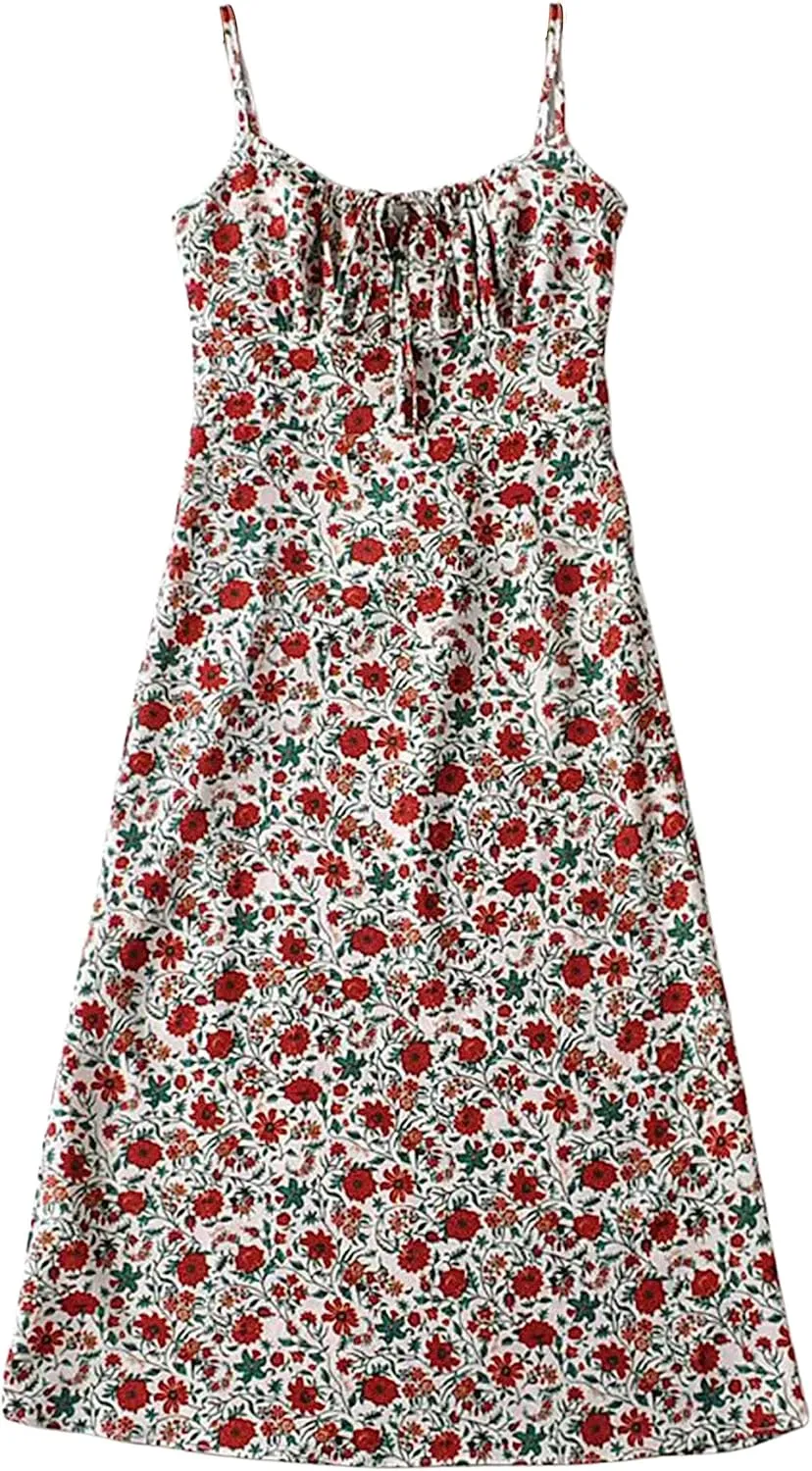 Omoone Womens Floral Dress Low-Cut Square Neck Spaghetti Strap Tie Bodycorn 90s Y2k Sun Dresses
