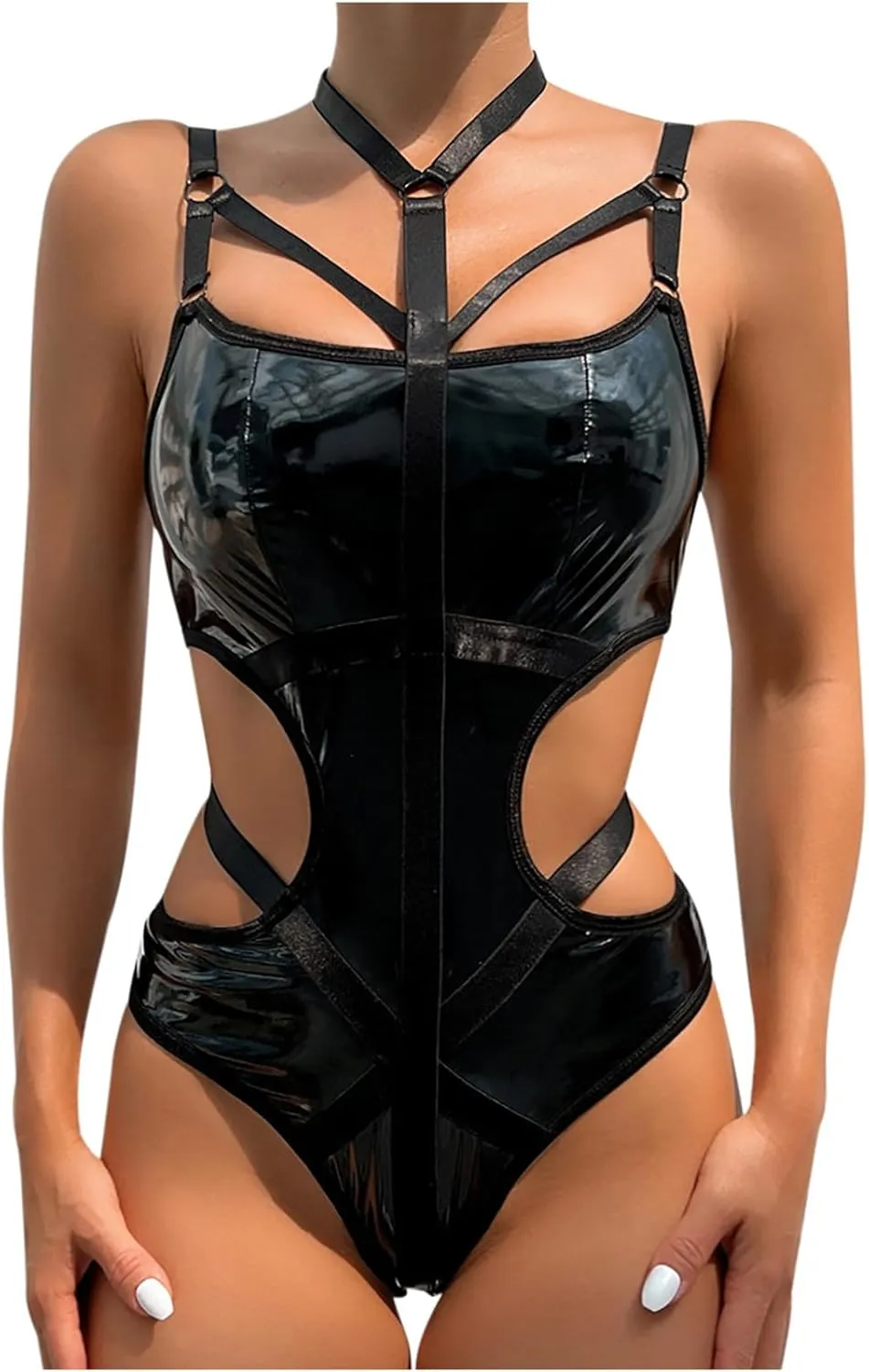 Oplxuo Leather Lingerie for Women for Sex Naughty Sexy Strappy Bodysuit Teddy Corset Lingerie Waist Cut Out Bodycon Clubwear