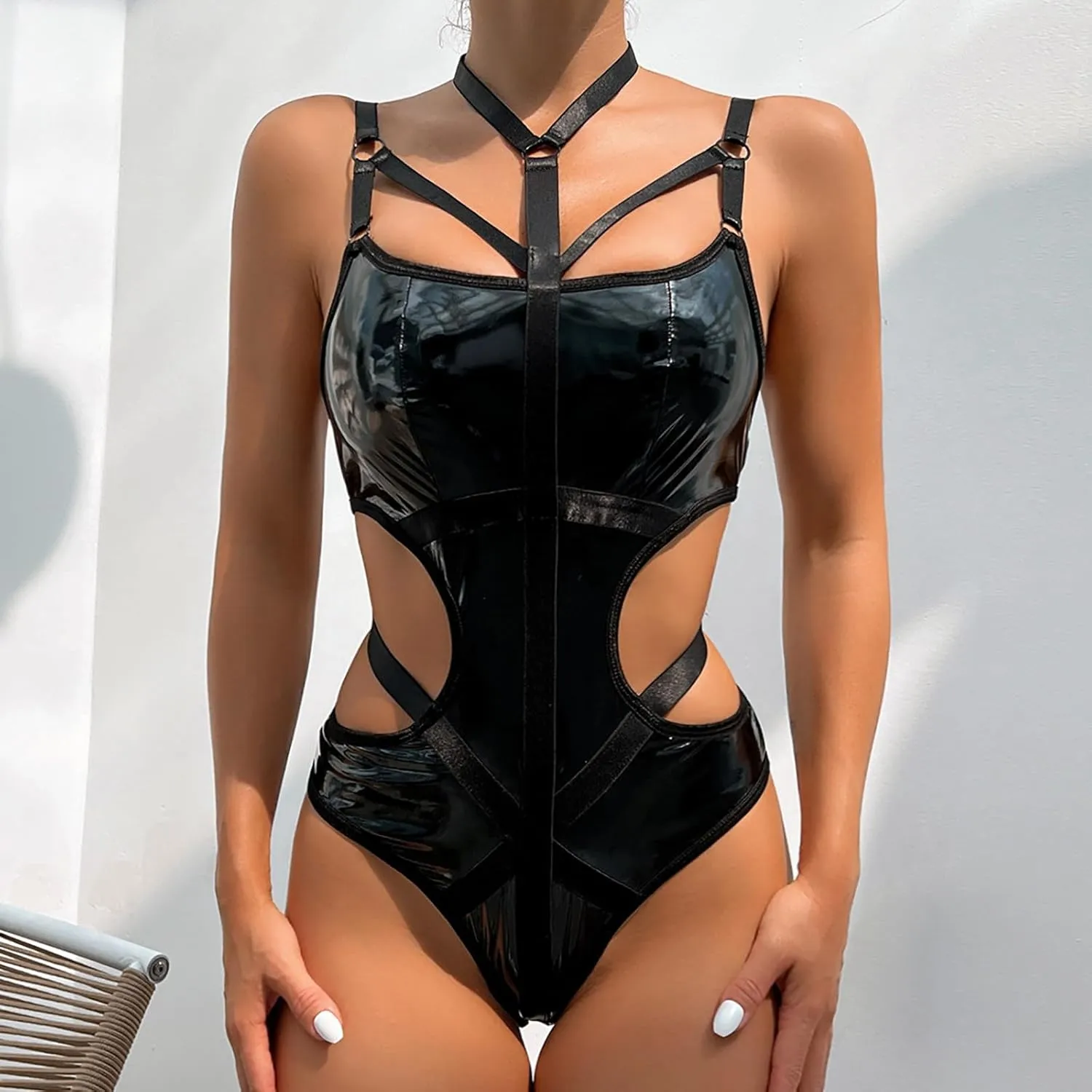 Oplxuo Leather Lingerie for Women for Sex Naughty Sexy Strappy Bodysuit Teddy Corset Lingerie Waist Cut Out Bodycon Clubwear
