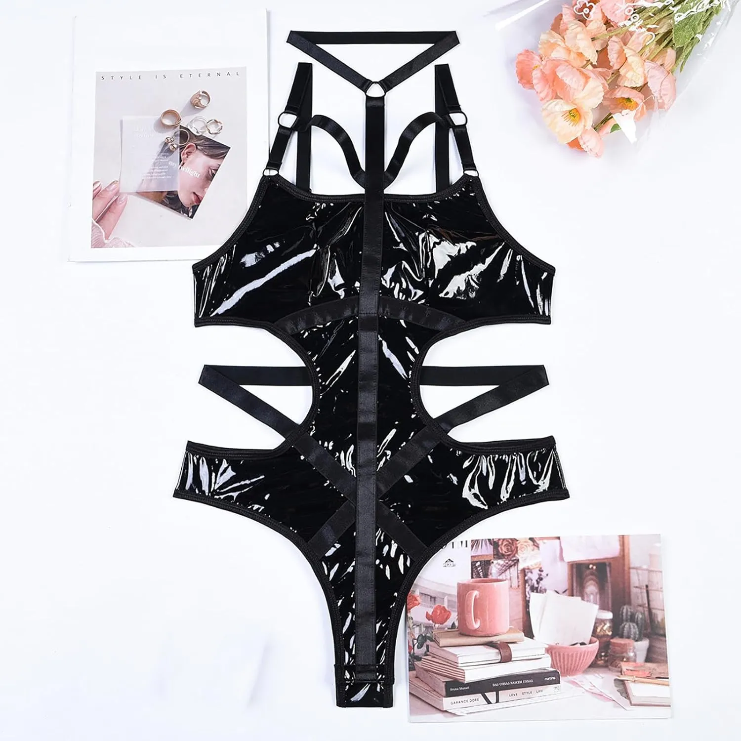 Oplxuo Leather Lingerie for Women for Sex Naughty Sexy Strappy Bodysuit Teddy Corset Lingerie Waist Cut Out Bodycon Clubwear