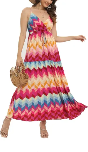 OSTOO Women's Floral Print Maxi Dresses Sleeveless Sleeves Boho Empire Waist Dress