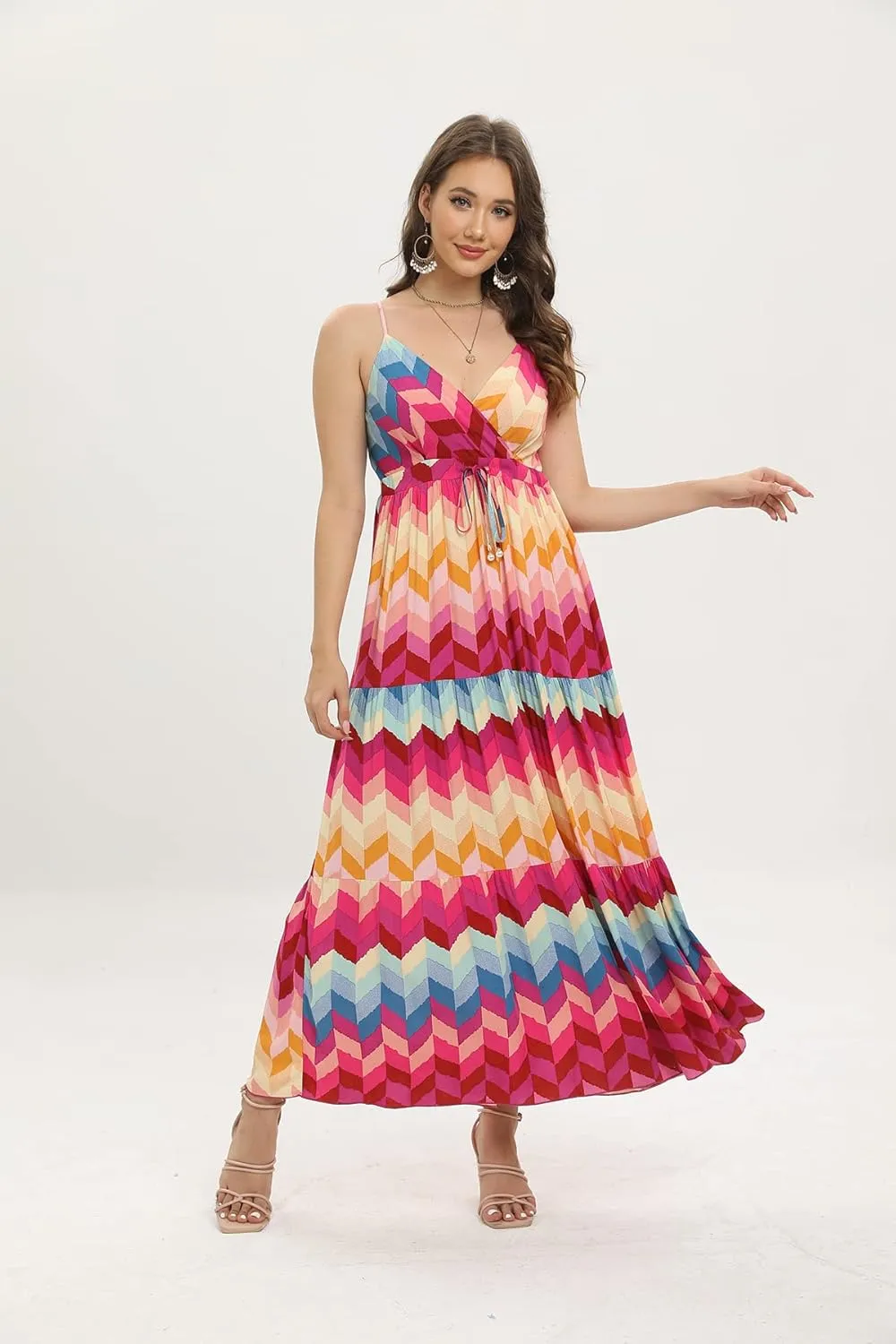 OSTOO Women's Floral Print Maxi Dresses Sleeveless Sleeves Boho Empire Waist Dress