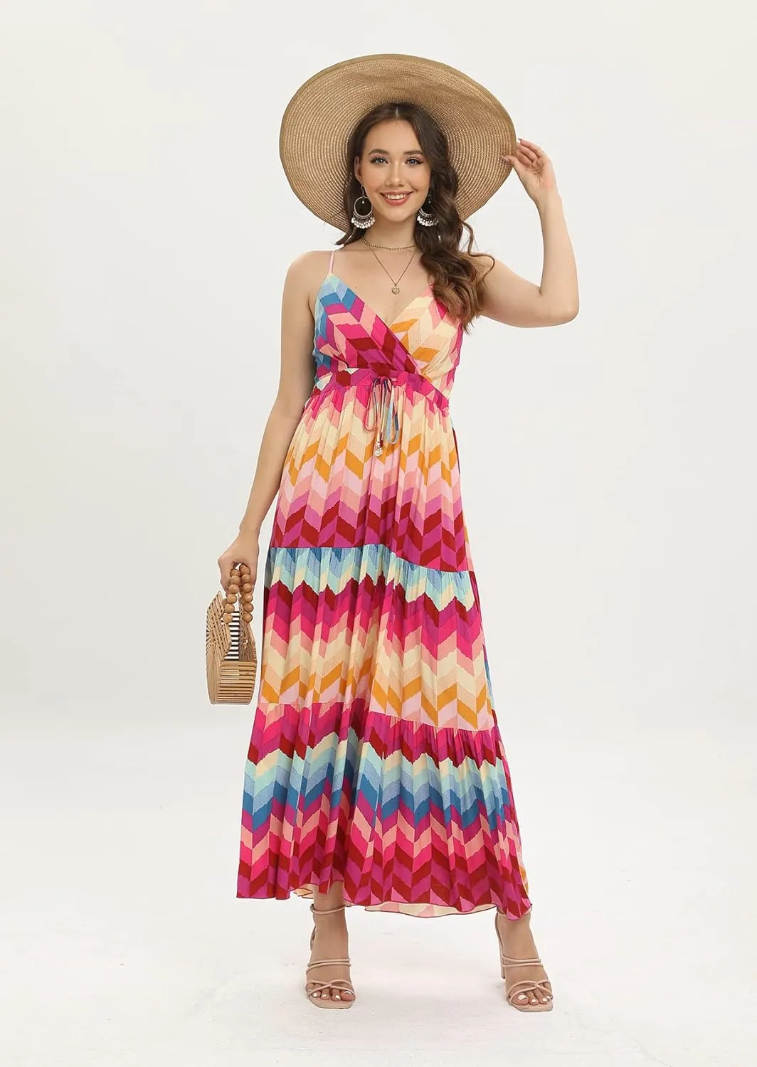 OSTOO Women's Floral Print Maxi Dresses Sleeveless Sleeves Boho Empire Waist Dress