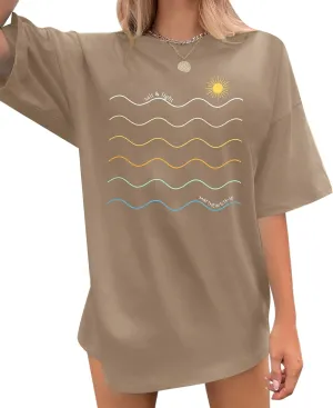 Oversized Sunshine Shirt Women Vintage Sun Print Graphic Tee Hiking T-Shirts Boho Summer Short Sleeve Top
