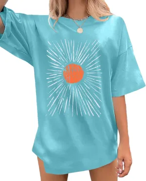 Oversized Sunshine Shirt Women Vintage Sun Print Graphic Tee Hiking T-Shirts Boho Summer Short Sleeve Top