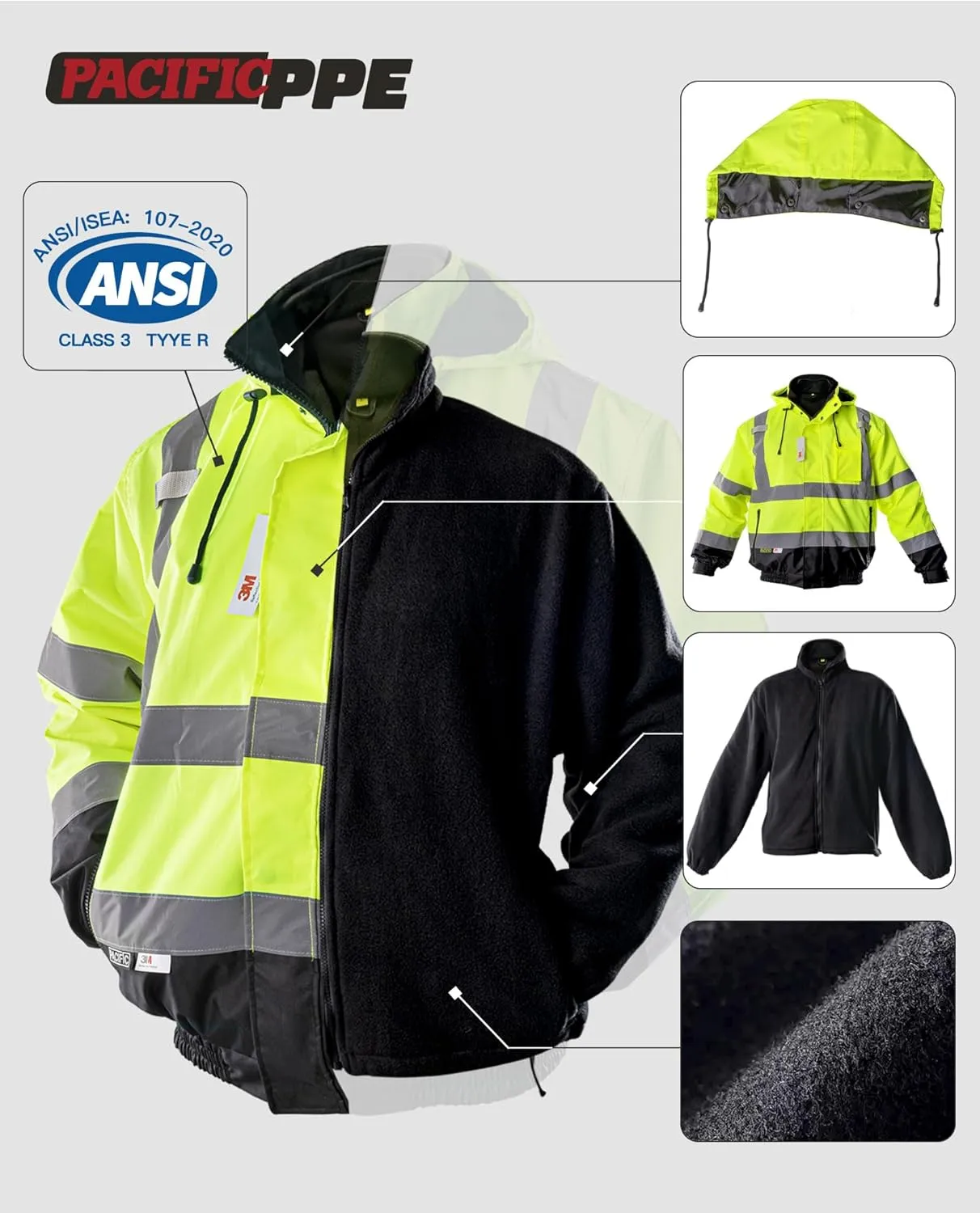 PACIFIC High Visibility Reflective Jackets for Men, Waterproof Class 3 Safety Jacket with Pockets, Bomber Safety Jacket, Mens Work Construction Coats for Cold Weather, Large