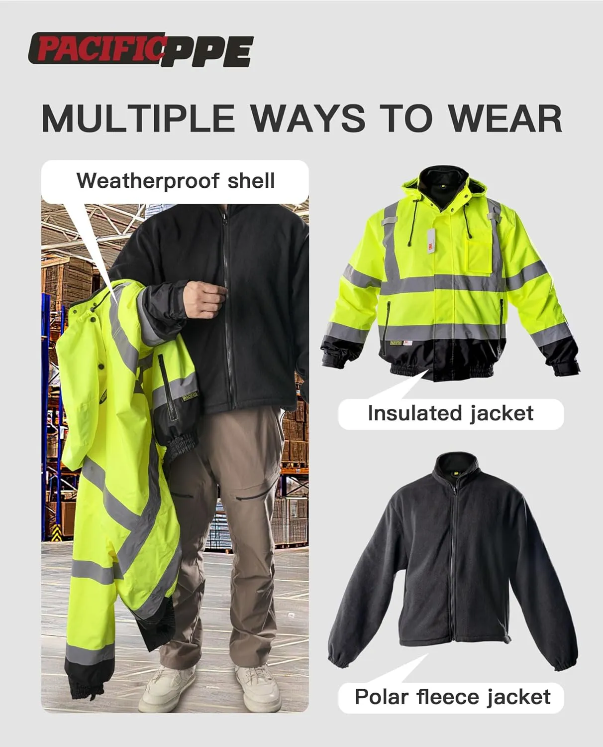 PACIFIC High Visibility Reflective Jackets for Men, Waterproof Class 3 Safety Jacket with Pockets, Bomber Safety Jacket, Mens Work Construction Coats for Cold Weather, Large