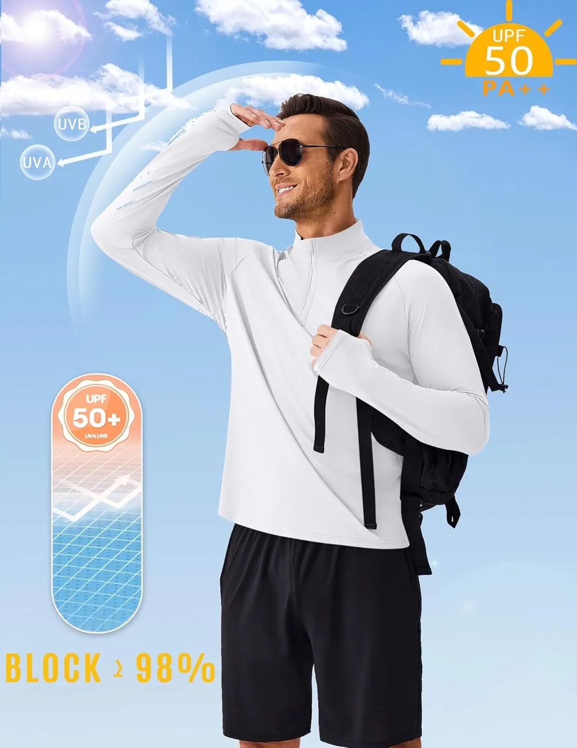 PINSPARK UV Long Sleeve Shirt for Men Quarter Zip Pullover Lightweight Rash Guard with Thumb Hole Quick Dry Workout Shirts