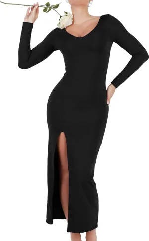 Popilush Shapewear Dresses for Womens Long Sleeve V Neck Maxi Dress with Slit Bodycon Wedding Guest Formal Fall Dress