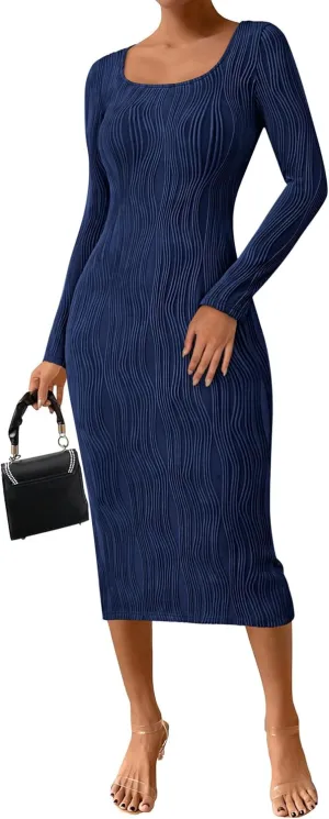 PRETTYGARDEN Womens Fall Dresses 2025 Long Sleeve Square Neck Knit Midi Beach Vacation Clothes Slit Bodycon Long Dress