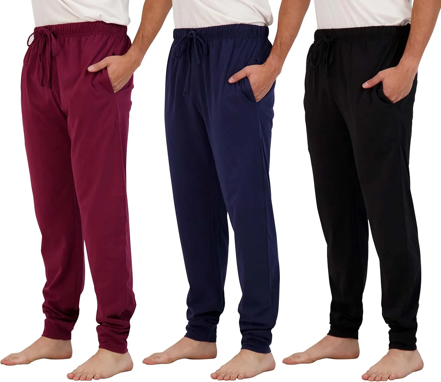 Real Essentials 3 Pack: Men's Cotton Jersey Soft Jogger Sleep Lounge Pajama Drawstring & Pockets (Available in Big & Tall)