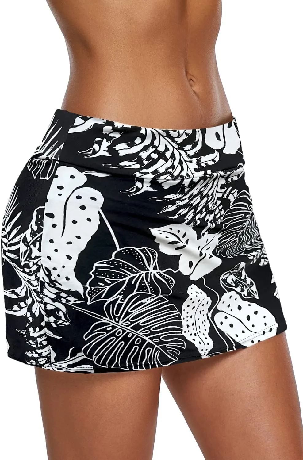 REKITA Women Swim Skirt Solid Color Waistband Skort Bikini Bottom
