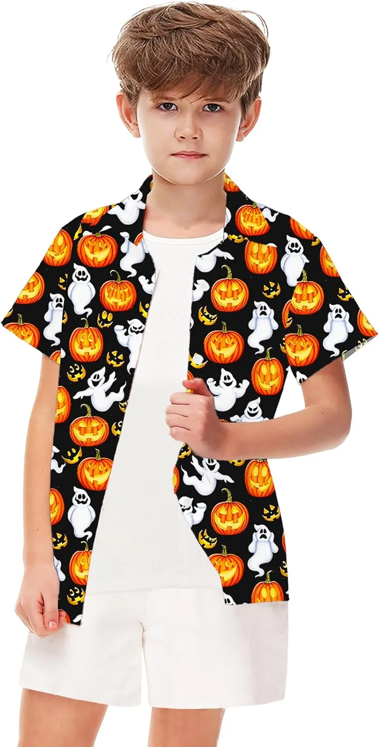 Remimi Unisex Kids Halloween Shirt Holiday Hawaiian Tops Short Sleeve Ugly Button Up 5-14 Years