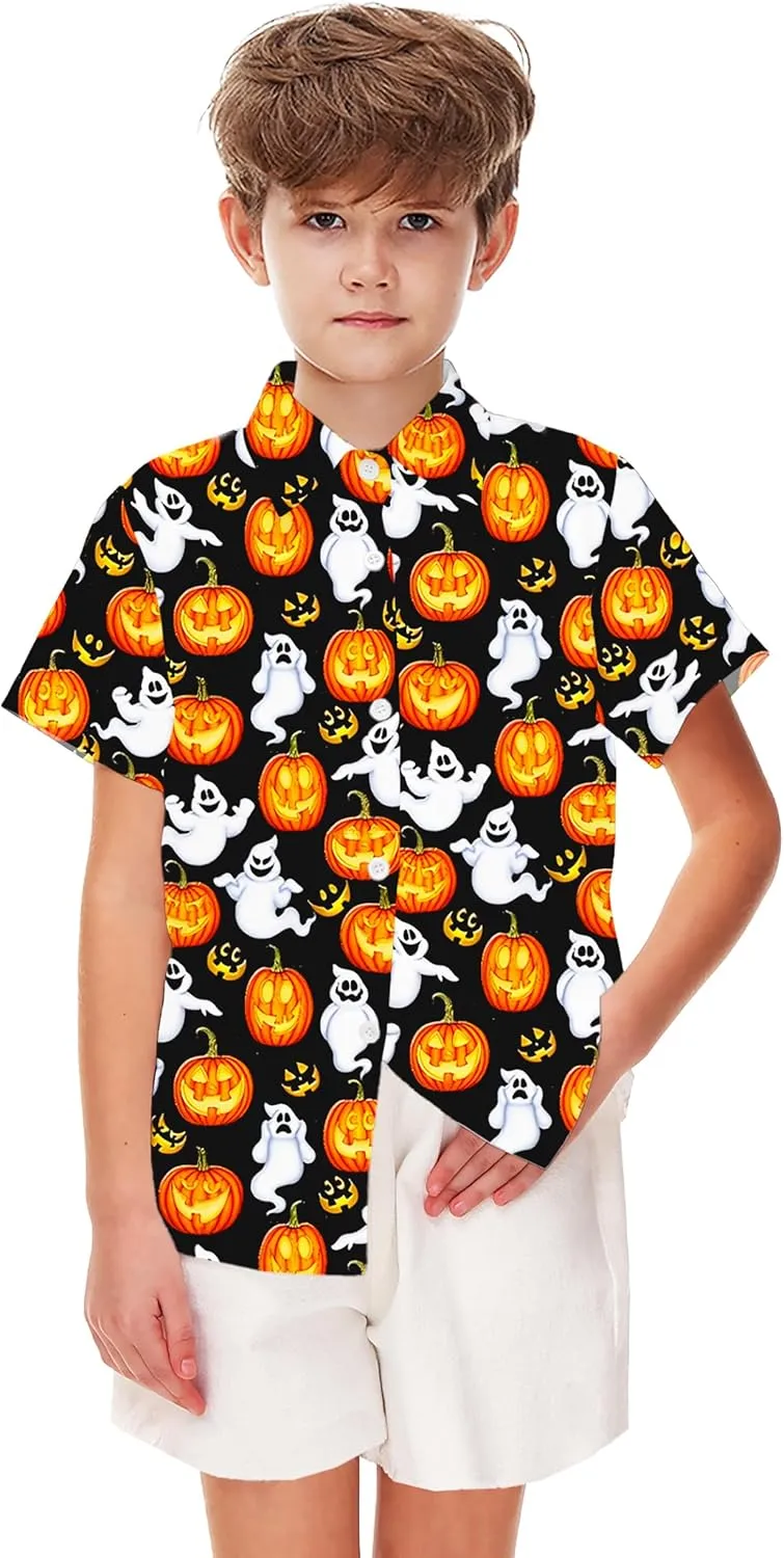 Remimi Unisex Kids Halloween Shirt Holiday Hawaiian Tops Short Sleeve Ugly Button Up 5-14 Years