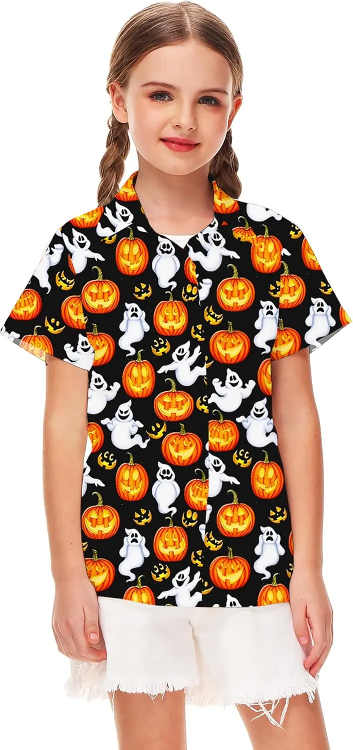Remimi Unisex Kids Halloween Shirt Holiday Hawaiian Tops Short Sleeve Ugly Button Up 5-14 Years