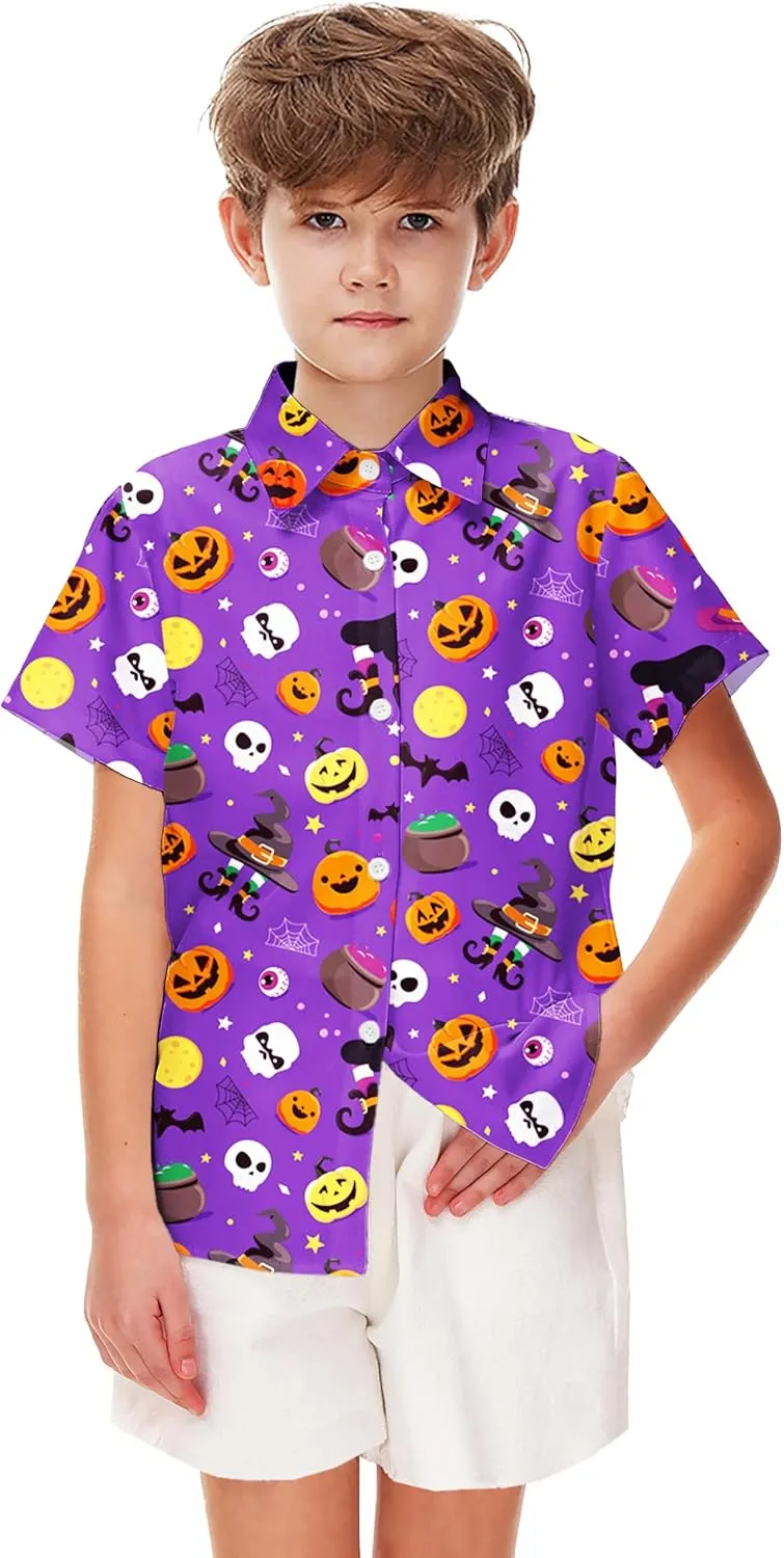 Remimi Unisex Kids Halloween Shirt Holiday Hawaiian Tops Short Sleeve Ugly Button Up 5-14 Years