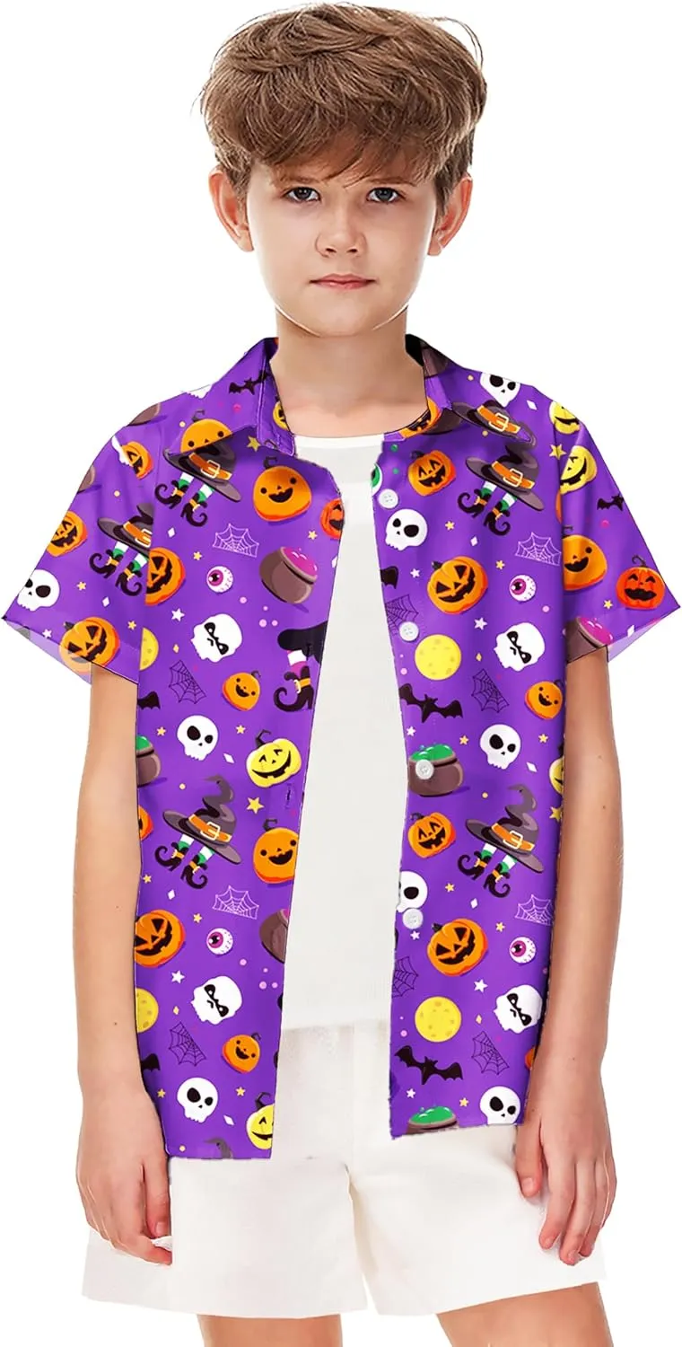 Remimi Unisex Kids Halloween Shirt Holiday Hawaiian Tops Short Sleeve Ugly Button Up 5-14 Years