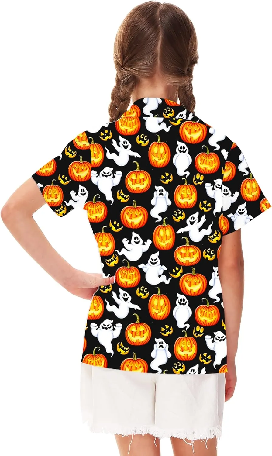 Remimi Unisex Kids Halloween Shirt Holiday Hawaiian Tops Short Sleeve Ugly Button Up 5-14 Years