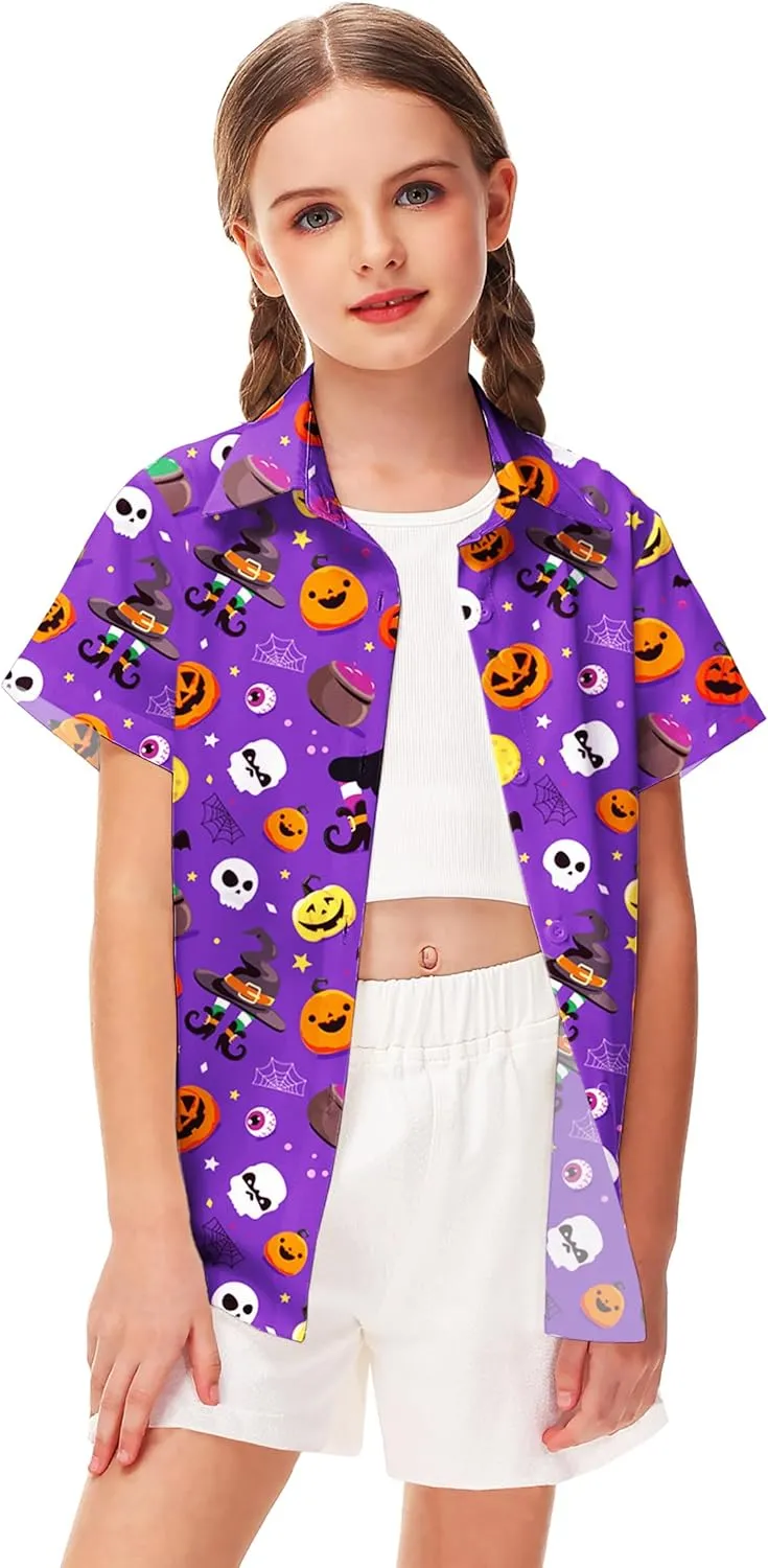 Remimi Unisex Kids Halloween Shirt Holiday Hawaiian Tops Short Sleeve Ugly Button Up 5-14 Years