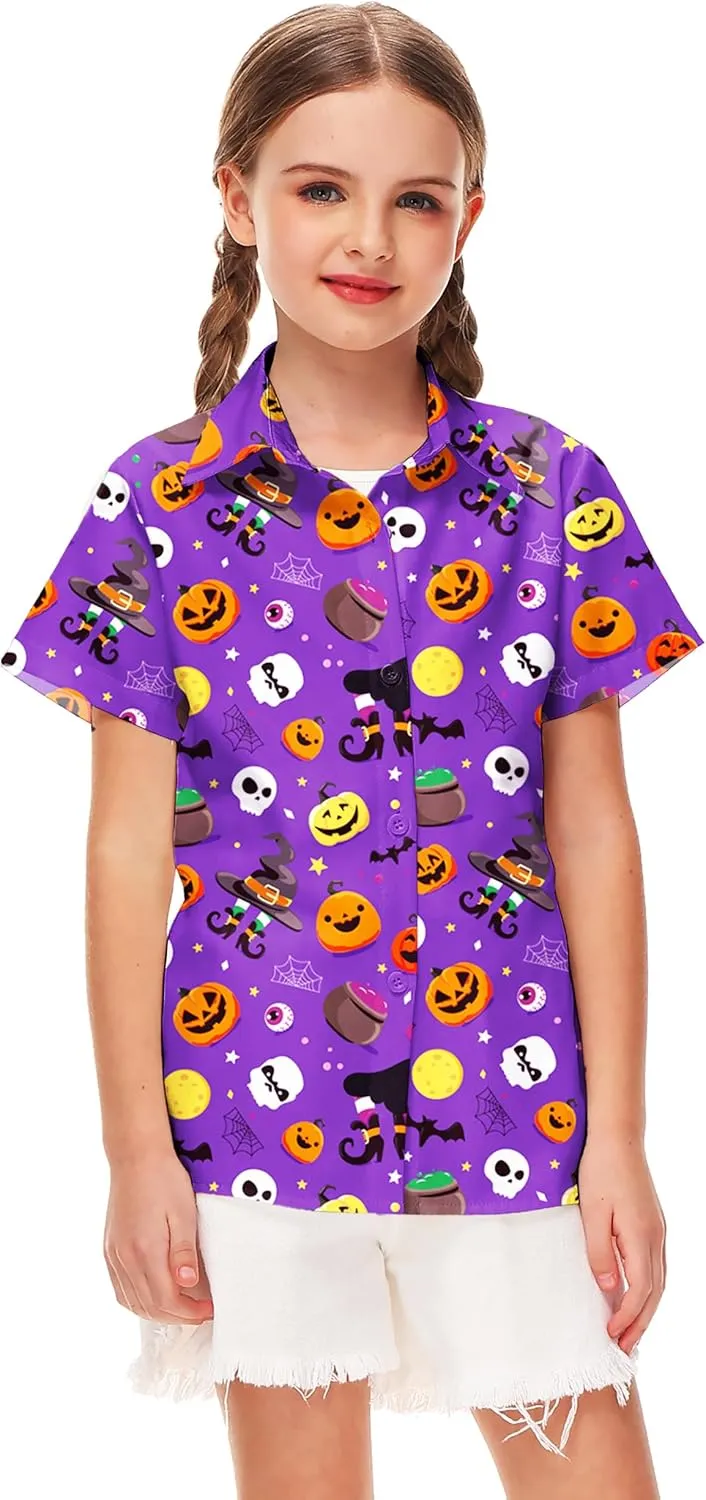 Remimi Unisex Kids Halloween Shirt Holiday Hawaiian Tops Short Sleeve Ugly Button Up 5-14 Years