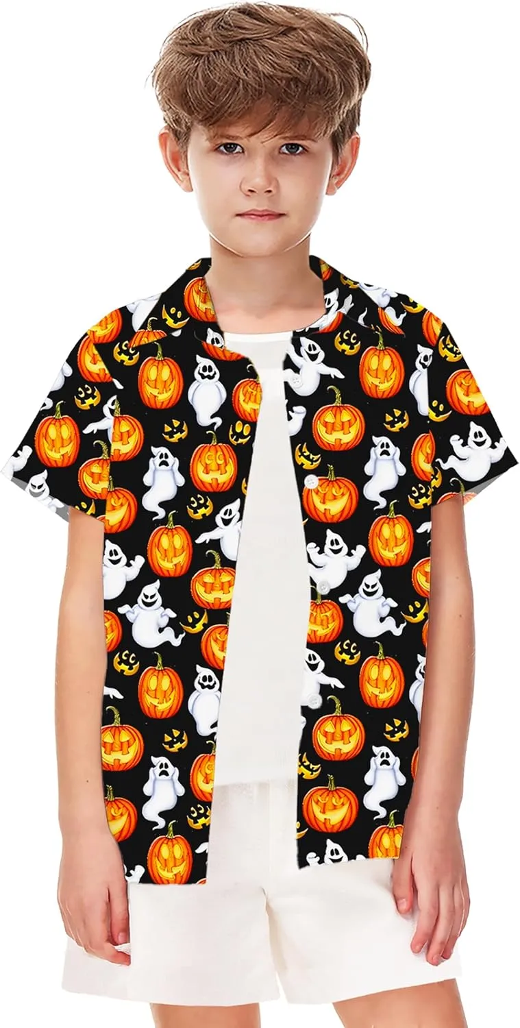 Remimi Unisex Kids Halloween Shirt Holiday Hawaiian Tops Short Sleeve Ugly Button Up 5-14 Years