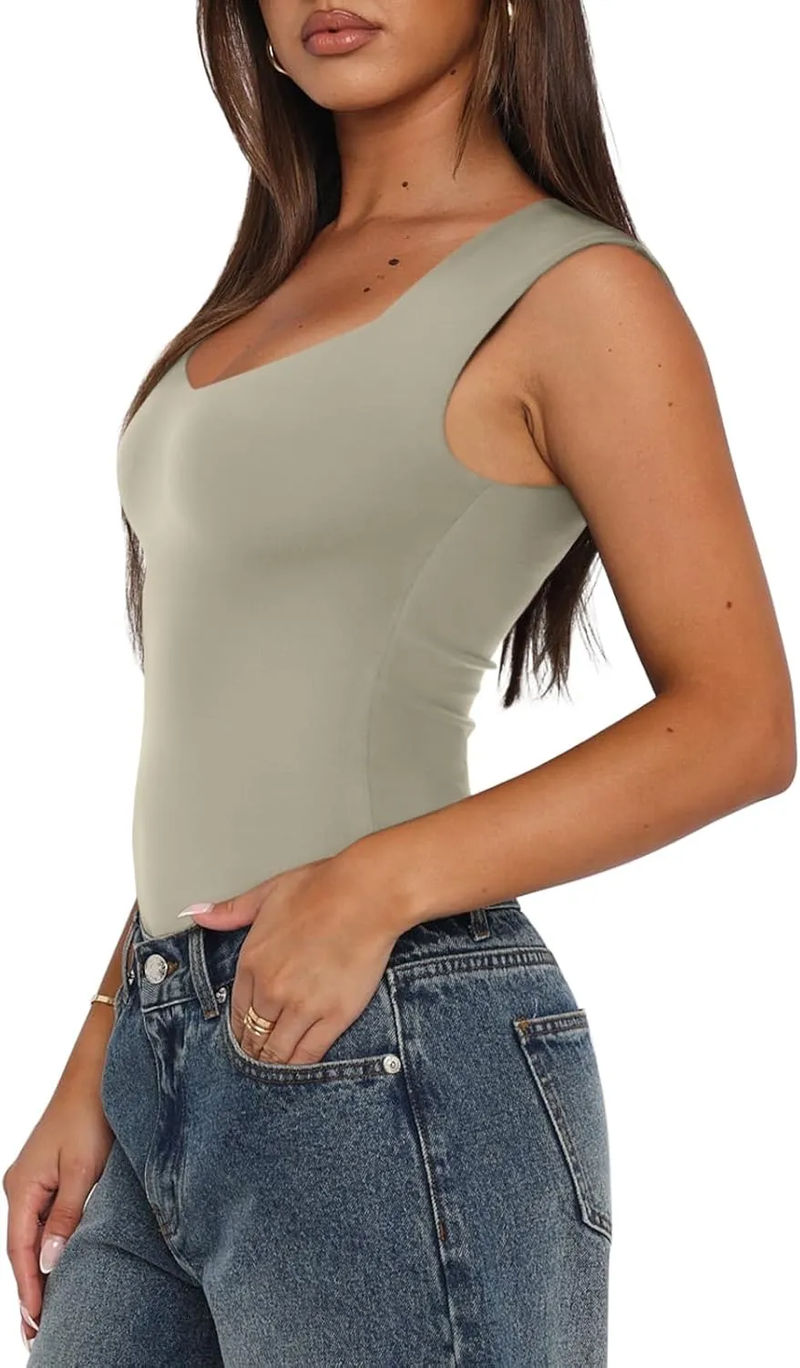 REORIA Butsmooth Women's Trendy Sexy Casual V Neck Double Lined Sleeveless Slimming Going Out Tank Top Bodysuits