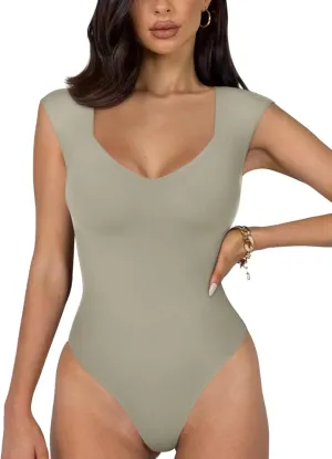 REORIA Butsmooth Women's Trendy Sexy Casual V Neck Double Lined Sleeveless Slimming Going Out Tank Top Bodysuits